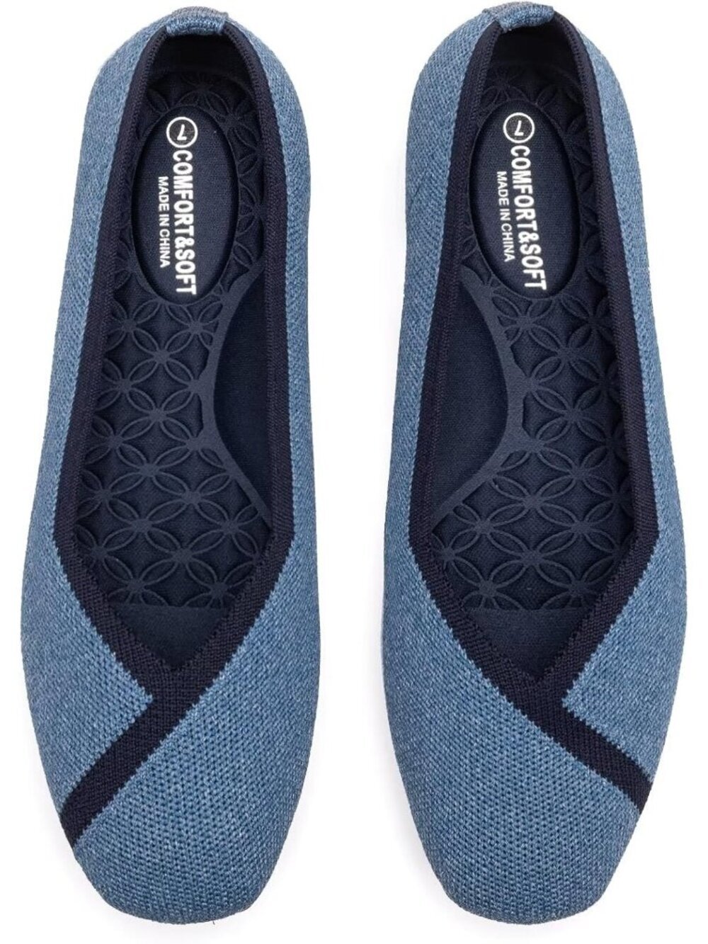 〽️Women's Blue Square Toe Flat Fly Knitted Fabric Comfortable Knitted Shoes